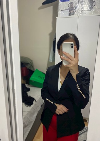 Siyah Düğmeli Kadın Midi Blazer Ceket