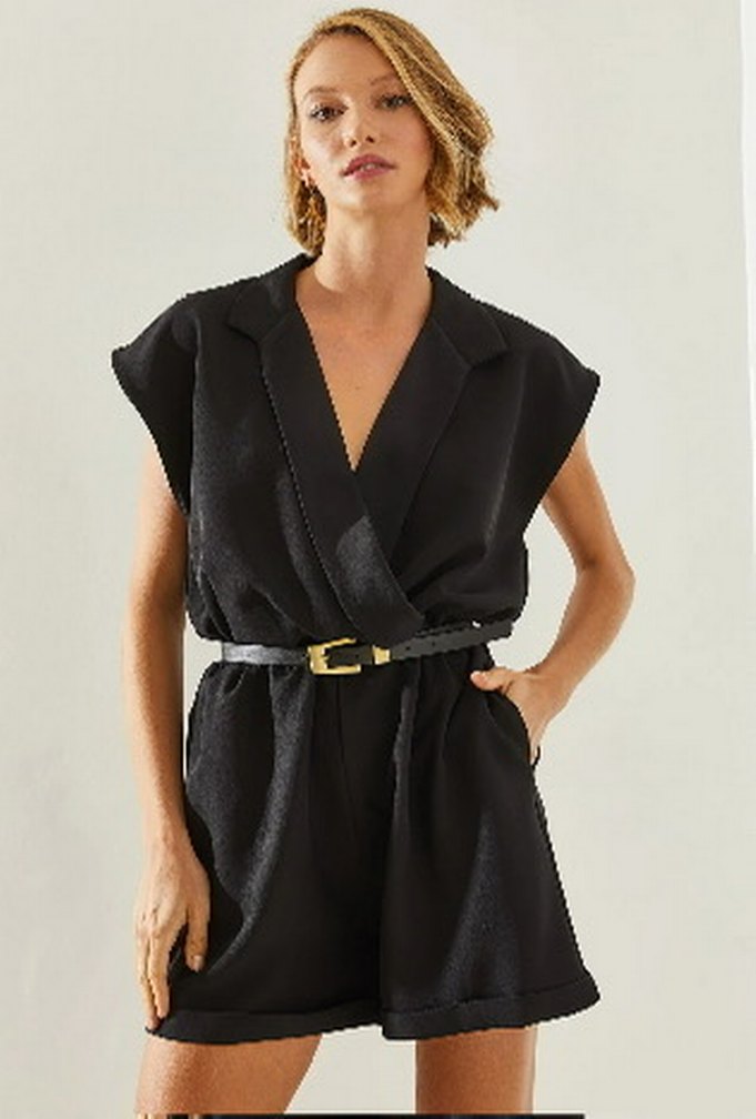 Siyah kruvaze Yaka Kolsuz Kadın Tulum etiketli kemersizdir - Görsel 4