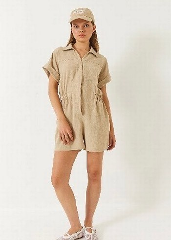 Bej Keten Kısa Tulum, Düğmeli, Salaş Kesim - Görsel 6