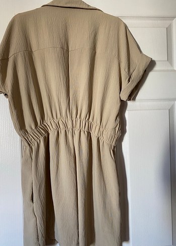 Bej Keten Kısa Tulum, Düğmeli, Salaş Kesim - Görsel 4