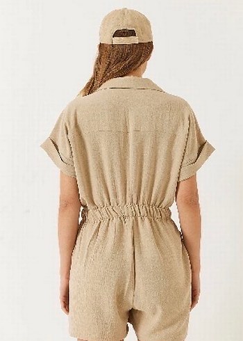 Bej Keten Kısa Tulum, Düğmeli, Salaş Kesim - Görsel 7