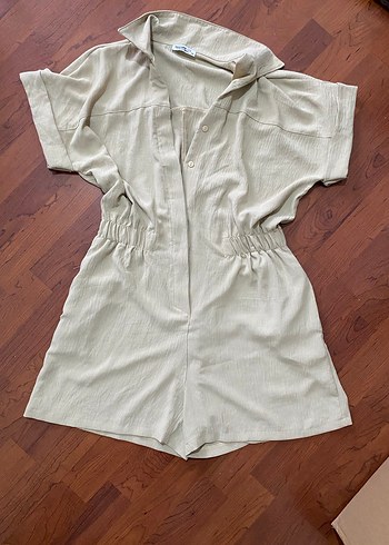 Bej Keten Kısa Tulum, Düğmeli, Salaş Kesim - Görsel 8