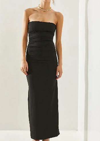 Siyah Drapeli Straplez Uzun Elbise - Görsel 3