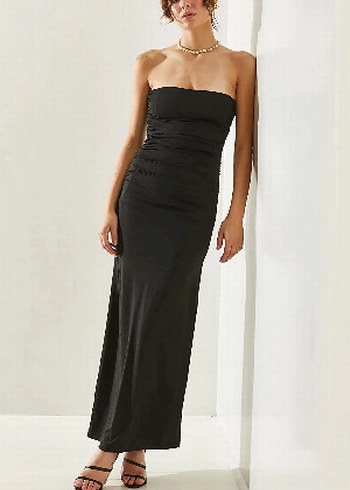 Siyah Drapeli Straplez Uzun Elbise - Görsel 5