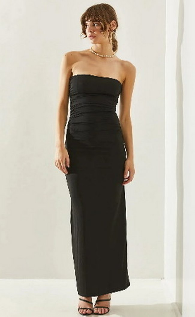 Siyah Drapeli Straplez Uzun Elbise - Görsel 4