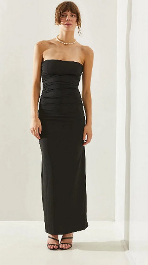 Siyah Drapeli Straplez Uzun Elbise - Görsel 3