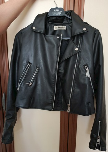 Siyah Mini Deri Biker Ceket