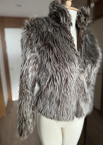 Gri Kadın Kürk Detaylı Midi Boy Ceket - Görsel 2