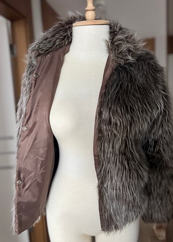 Gri Kadın Kürk Detaylı Midi Boy Ceket - Görsel 4