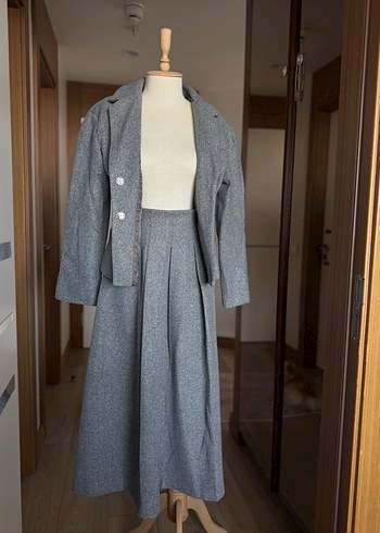 Gri Kadın Keten Düğmeli Ofis Takım - Görsel 5