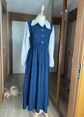 Lacivert Çizgili Uzun Elbise - Görsel 8