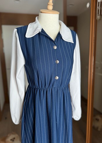 Lacivert Çizgili Uzun Elbise - Görsel 2