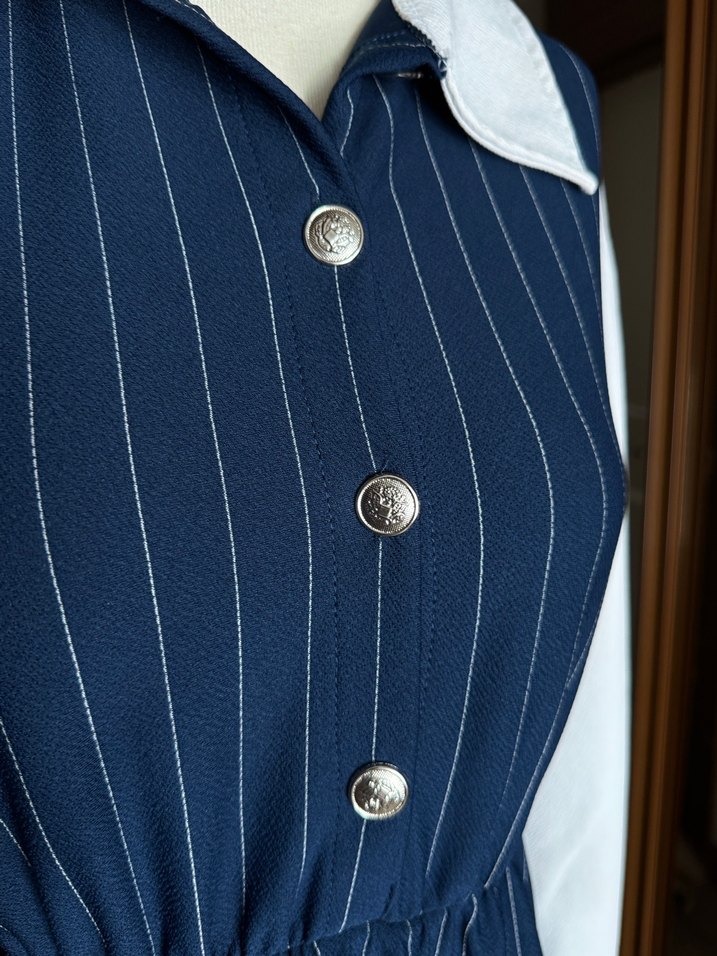 Lacivert Çizgili Uzun Elbise - Görsel 3