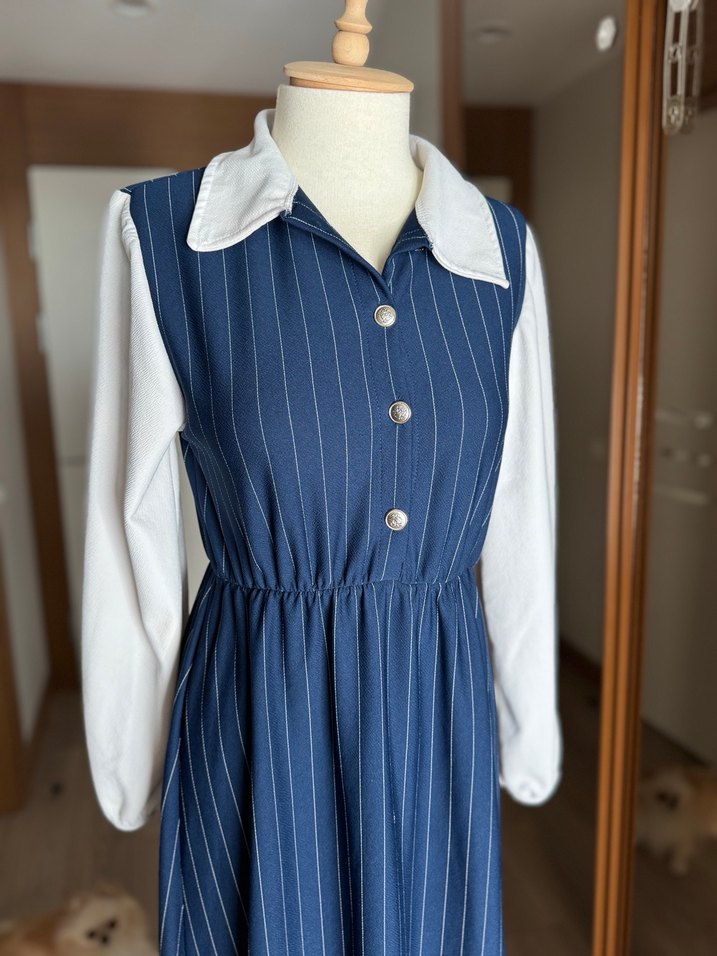 Lacivert Çizgili Uzun Elbise - Görsel 2