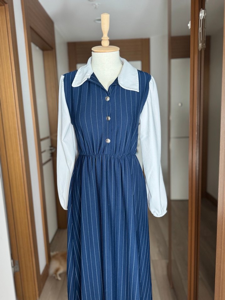 Lacivert Çizgili Uzun Elbise - Görsel 4