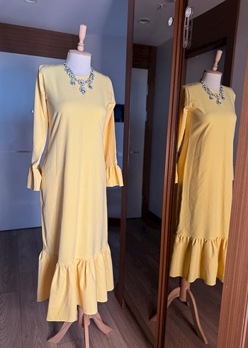 Sarı Uzun Kollu Fırfırlı Bohem Elbise - Görsel 3