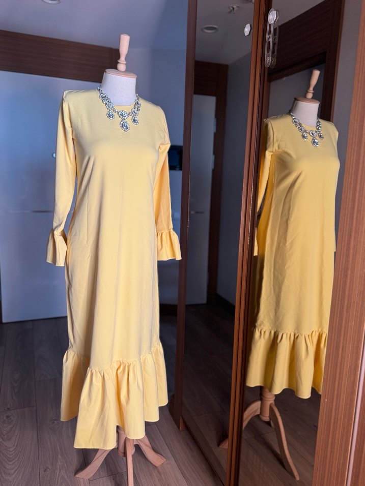 Sarı Uzun Kollu Fırfırlı Bohem Elbise - Görsel 3