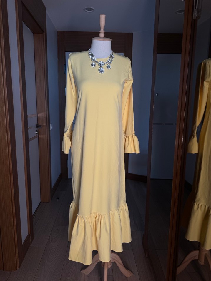 Sarı Uzun Kollu Fırfırlı Bohem Elbise - Görsel 5