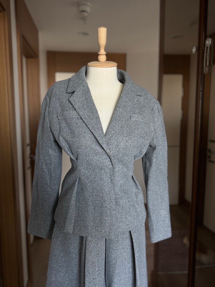 Gri Uzun Kollu Keten Vintage Takım - Görsel 2