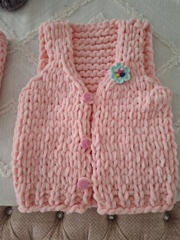 Kız Çocuk Pembe Örgü Kolsuz Yelek - Görsel 2