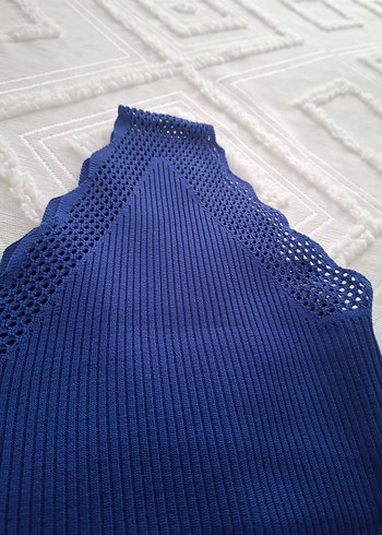 Dantel Detaylı Mavi V Yakalı Atlet bluz triko - Görsel 2