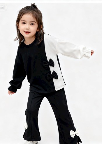 Kız Çocuk Siyah Fiyonk Detaylı Eşofman Takımı - Görsel 3