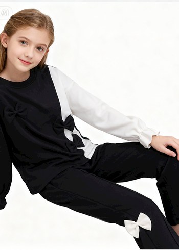 Kız Çocuk Siyah Fiyonk Detaylı Eşofman Takımı - Görsel 2