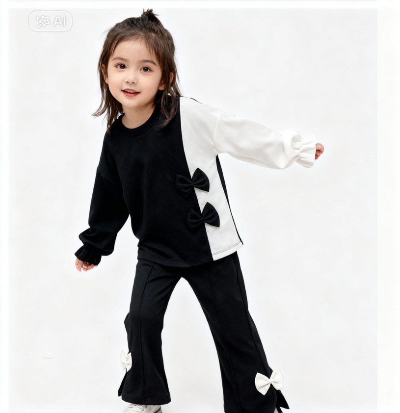 Kız Çocuk Siyah Fiyonk Detaylı Eşofman Takımı - Görsel 3