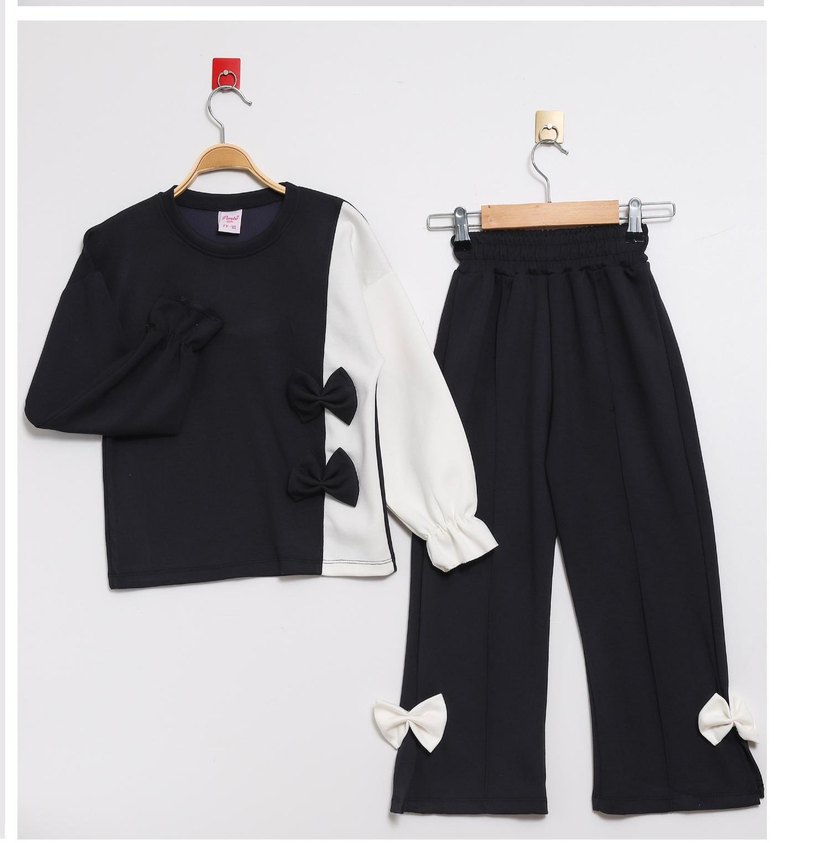 Kız Çocuk Siyah Fiyonk Detaylı Eşofman Takımı - Görsel 4