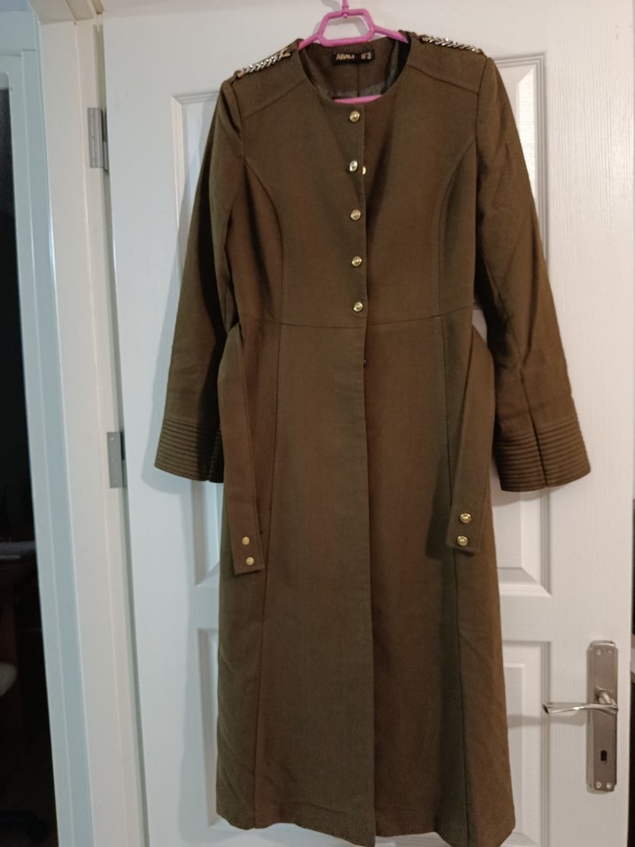 Düğmeli Astarlı Haki yeşili Uzun Kadın Kaşe Kaban - Görsel 3