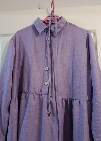 Mor Uzun Keten Elbise Düğmeli - Görsel 2