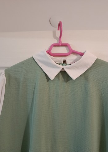 Yeşil Uzun Ayrobin Elbise, Beyaz Kol Detaylı - Görsel 3