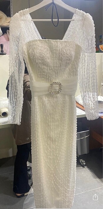 Beyaz incili söz nişan elbisesi - Görsel 3