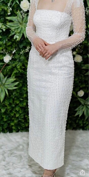 Beyaz incili söz nişan elbisesi - Görsel 6