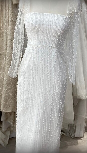 Beyaz incili söz nişan elbisesi - Görsel 5