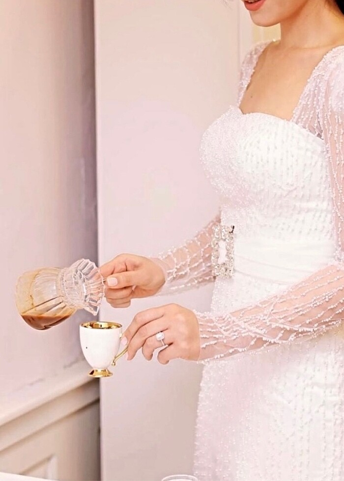 Beyaz incili söz nişan elbisesi - Görsel 2