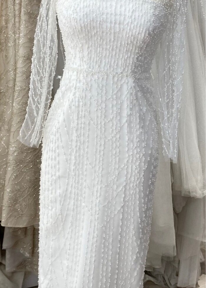 Beyaz incili söz nişan elbisesi - Görsel 5