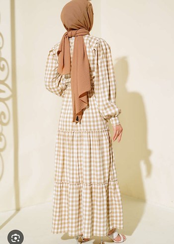Bej Ekoseli Uzun Pamuklu Bohem  testtür Elbise - Görsel 5