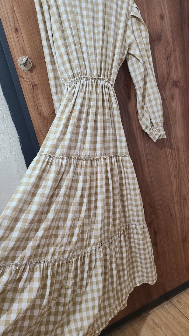 Bej Ekoseli Uzun Pamuklu Bohem  testtür Elbise - Görsel 4