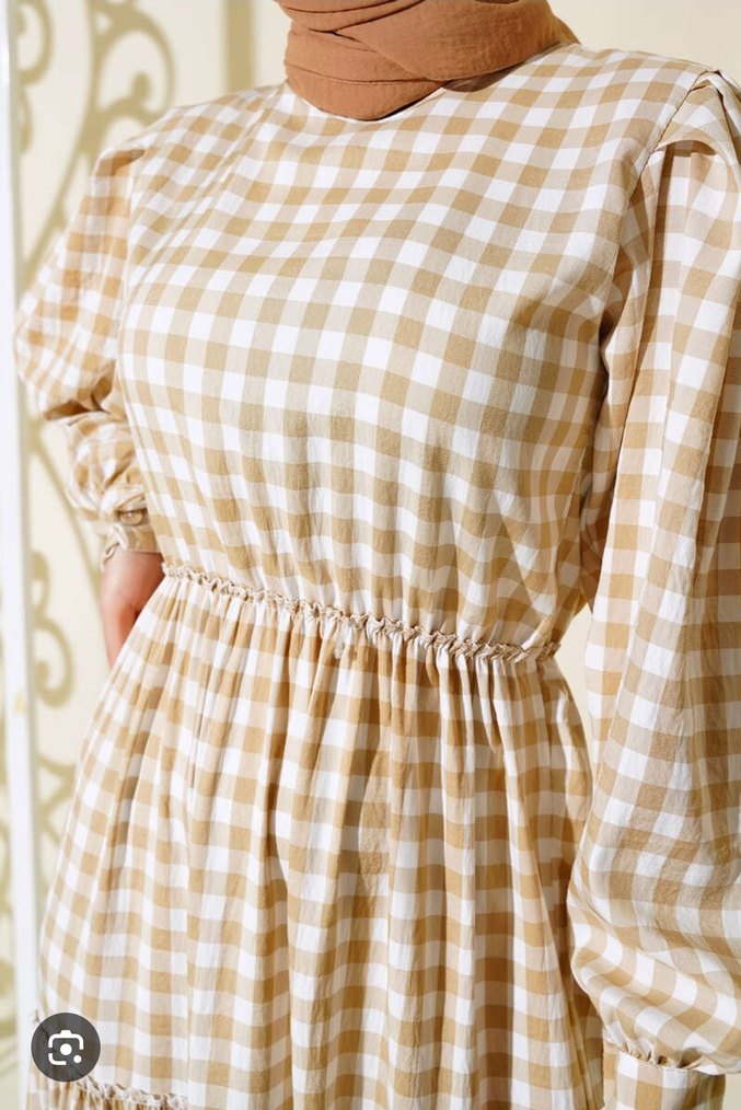 Bej Ekoseli Uzun Pamuklu Bohem  testtür Elbise - Görsel 2