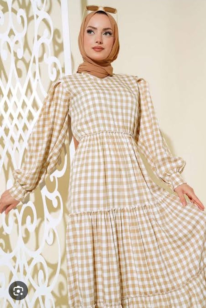 Bej Ekoseli Uzun Pamuklu Bohem  testtür Elbise - Görsel 3