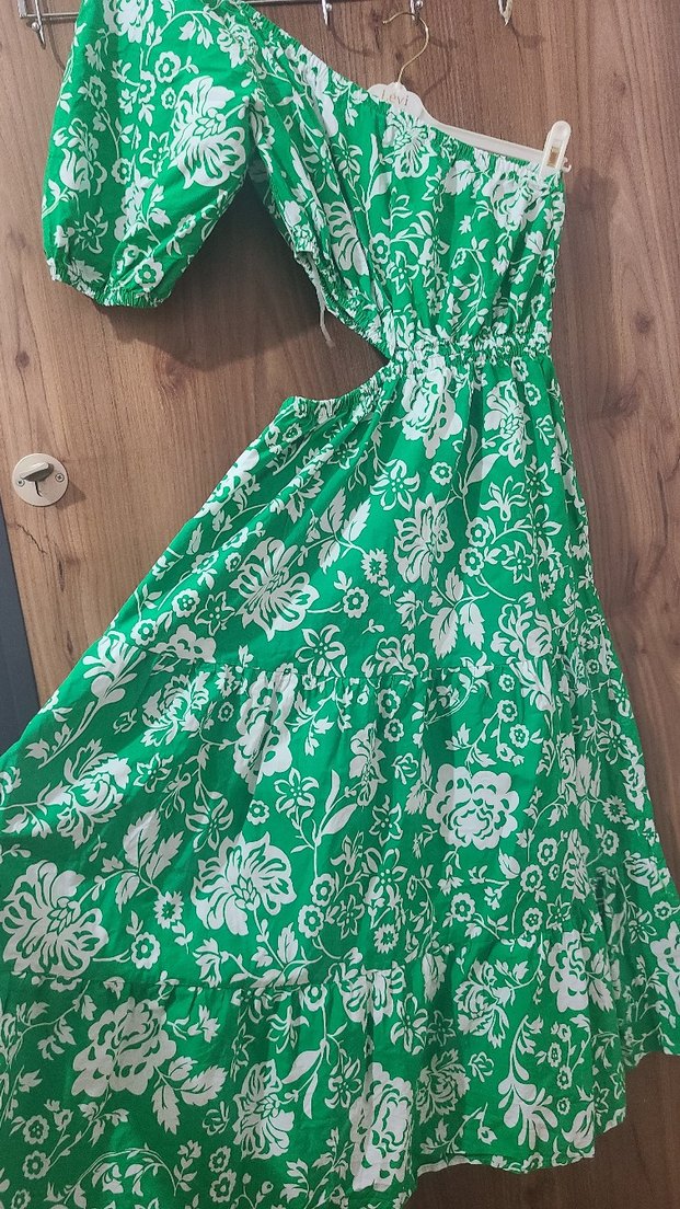 Yeşil Çiçekli Bohem Mini Elbise plaj elbisesi - Görsel 4