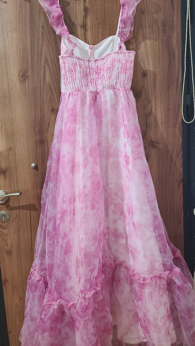 Pembe Bohem Uzun Elbise Fırfırlı - Görsel 4