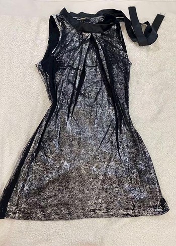 Gri Mini Halter  Desenli Elbise - Görsel 2