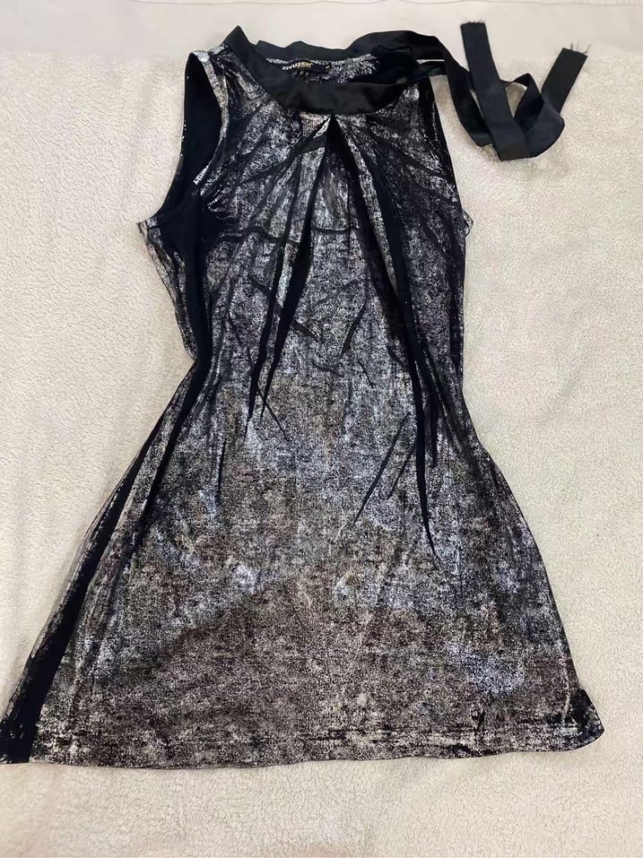 Gri Mini Halter  Desenli Elbise - Görsel 2