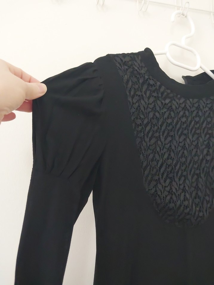 Uzun Kollu Siyah Gotik Keten Elbise - Görsel 4