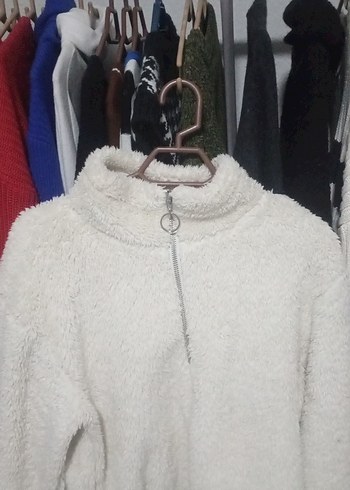 Beyaz Fermuarlı Yumuşak Kadın Sweatshirt - Görsel 2