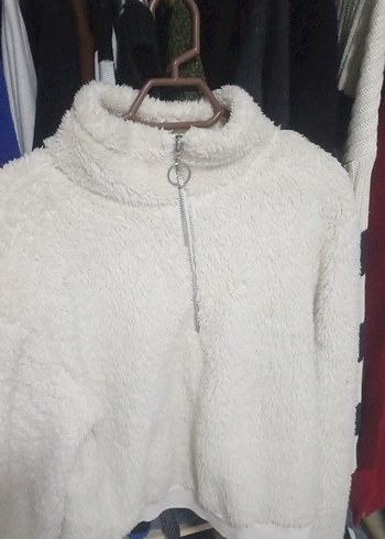 Beyaz Fermuarlı Yumuşak Kadın Sweatshirt - Görsel 3