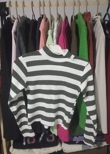 Çizgili Kadın Boğazlı Triko Kazak - Görsel 2