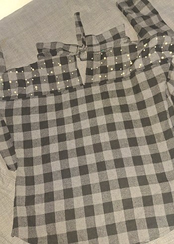 Düğmeli Gri Kareli Kadın Gömlek - Görsel 2